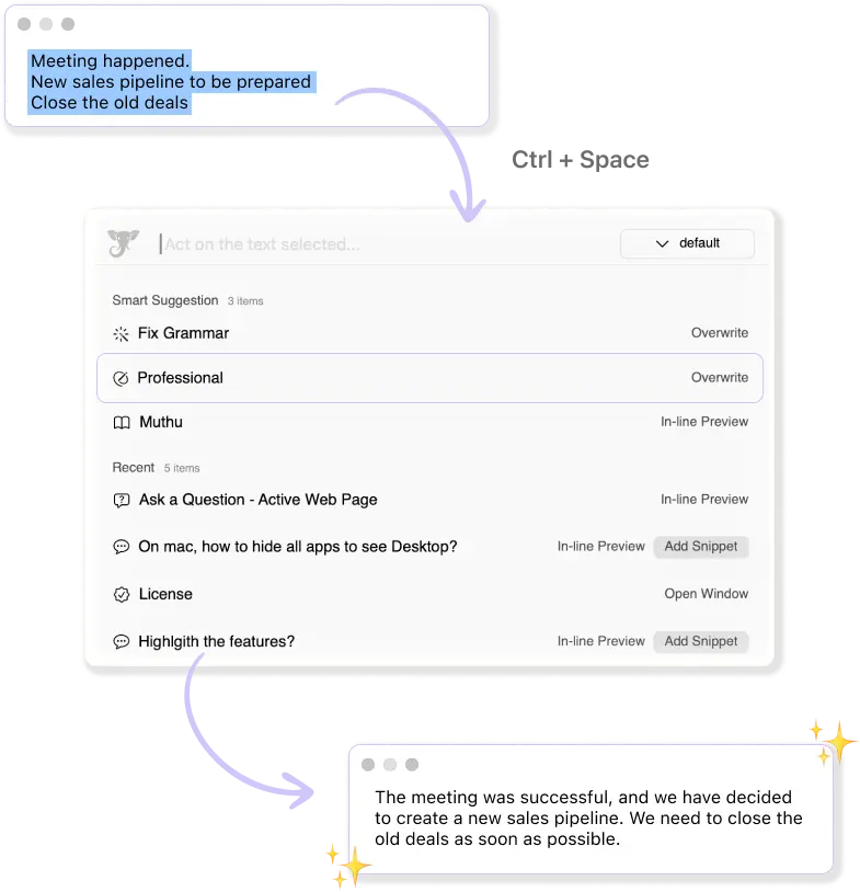Elephas Super Command AI writing assistant - select text, rewrite professionally, fix grammar across any Mac app