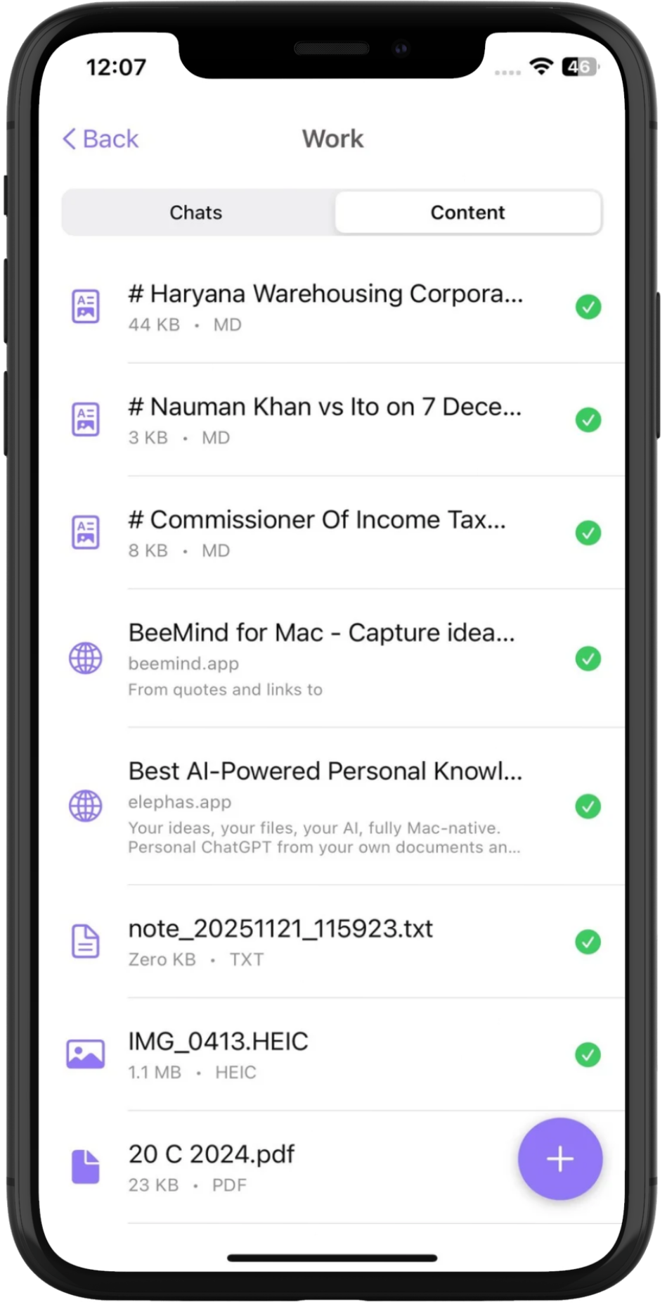Elephas iOS app showing 20+ file formats being added to knowledge base