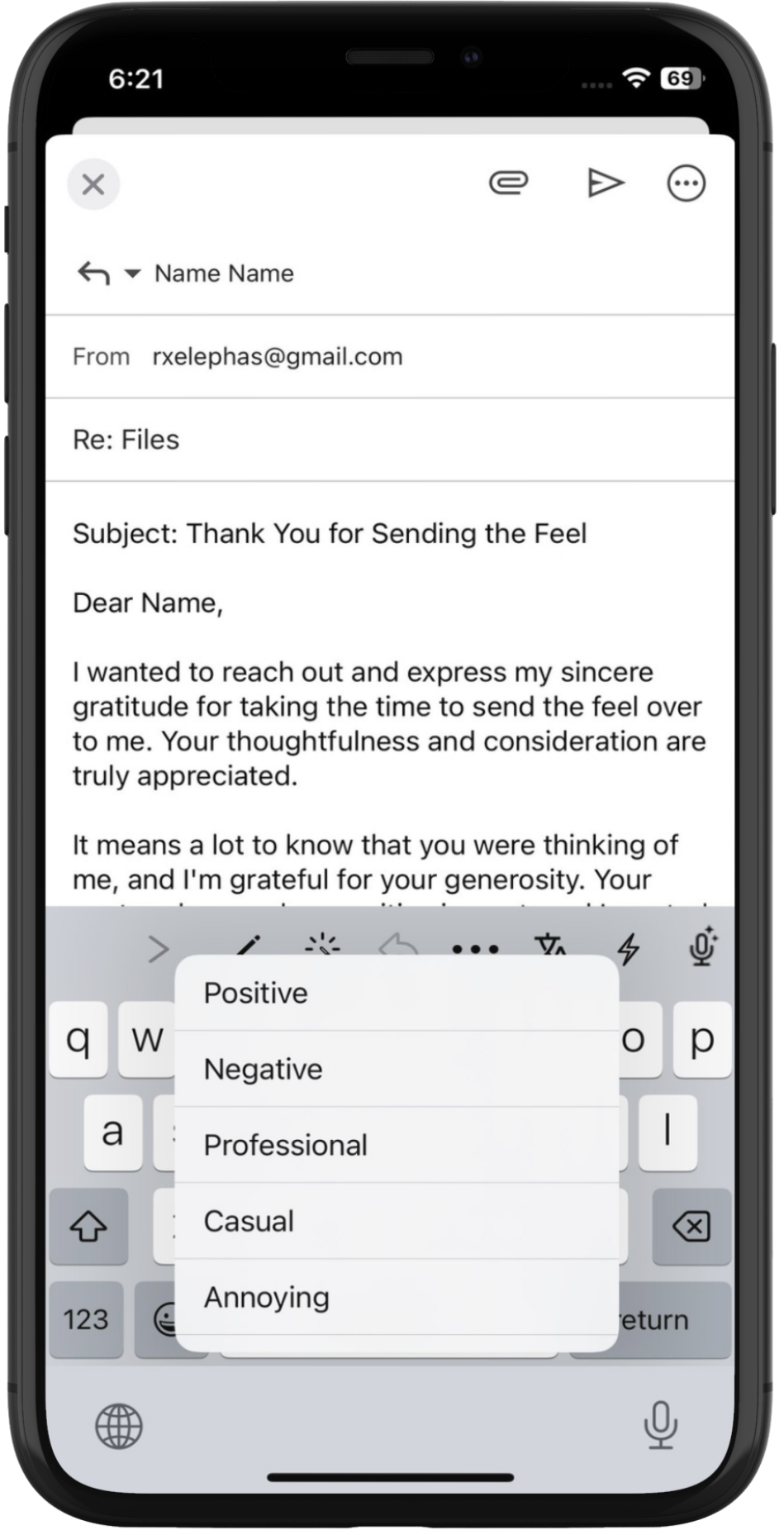 Elephas AI Writing Keyboard showing tone options like Professional, Casual, Positive