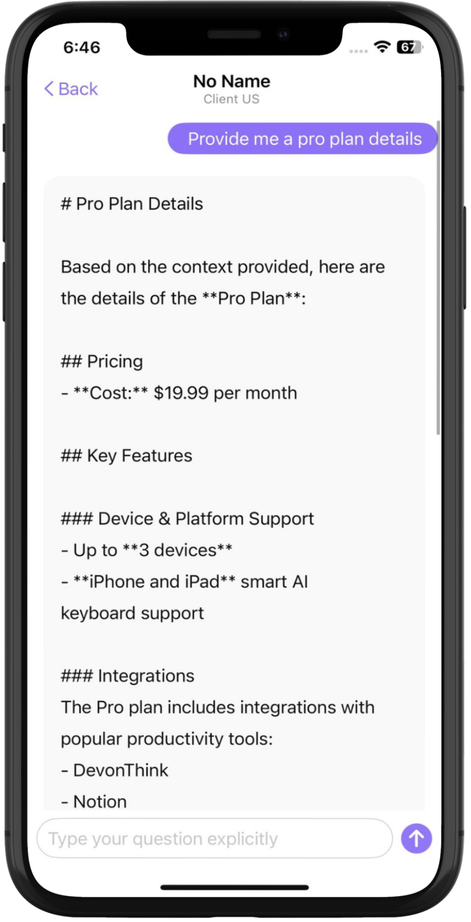 Elephas iOS chat interface showing AI responses with source citations