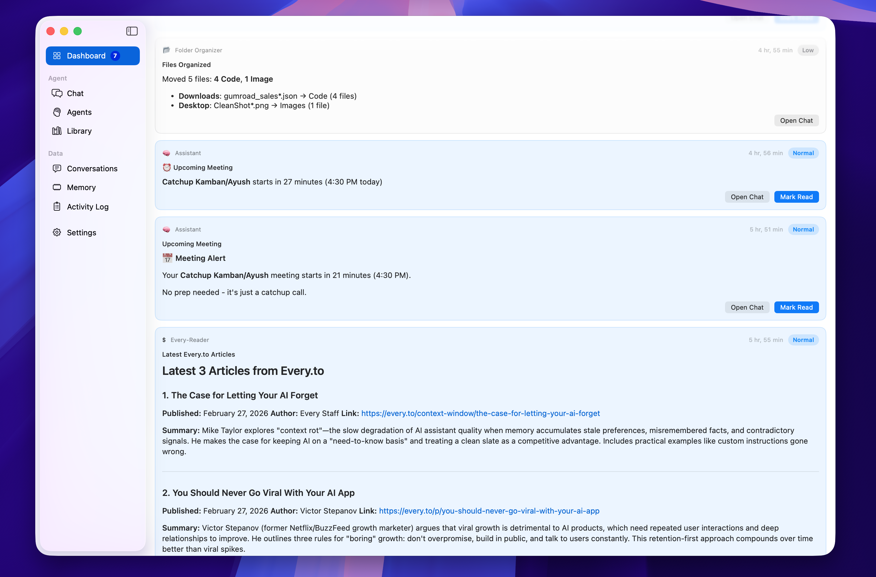 MindClaw dashboard showing agent reports — file organization, meeting alerts, and article digests from multiple agents running autonomously