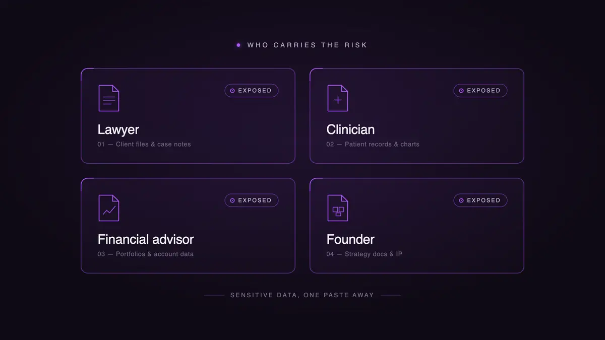 Who carries the risk: professional role grid showing Lawyer, Clinician, Financial Advisor, Founder, each with an exposed data marker