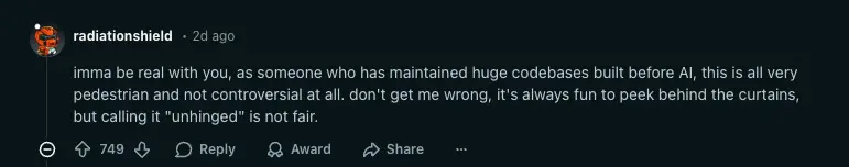 Developer comments on the Claude Code codebase quality