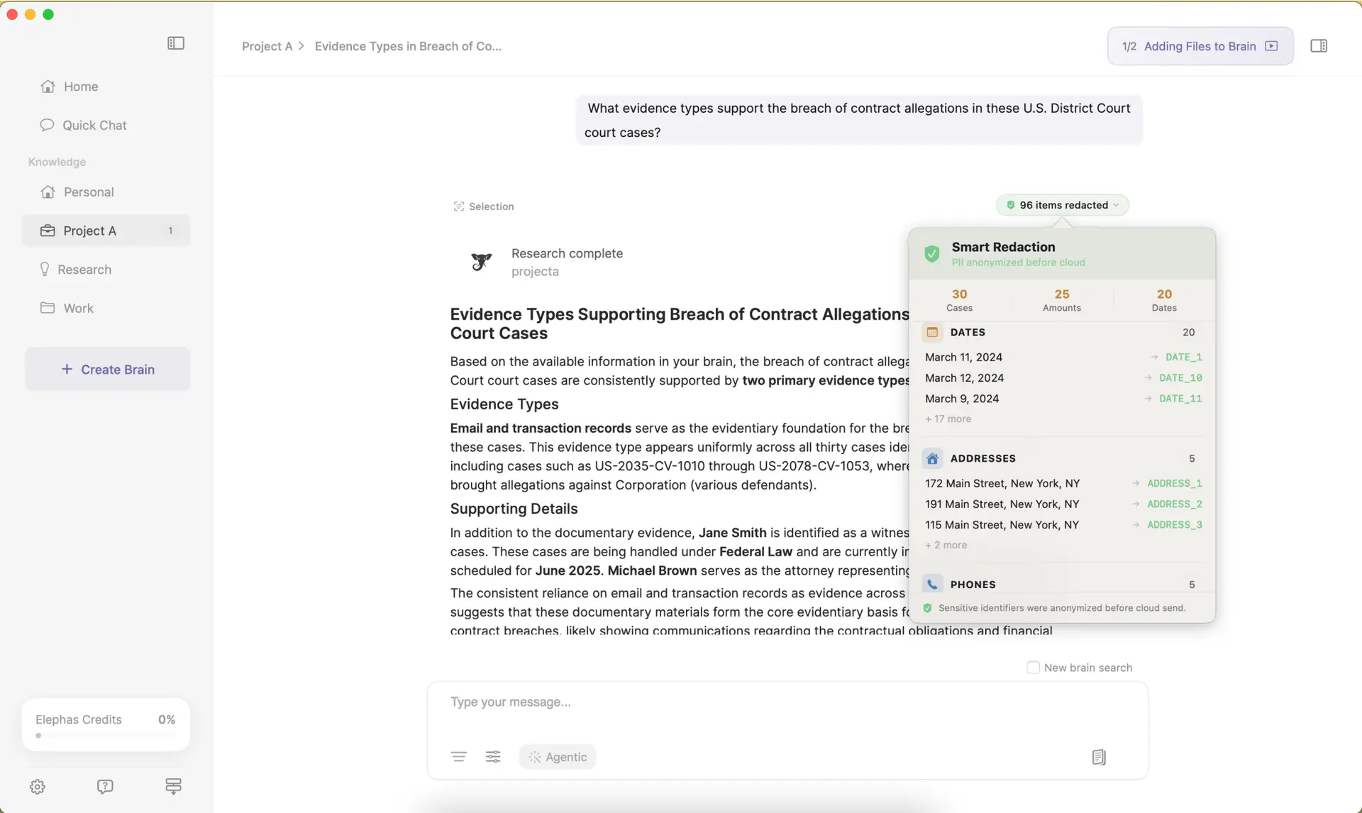 Elephas PII redaction flow from local Mac to cloud model and back