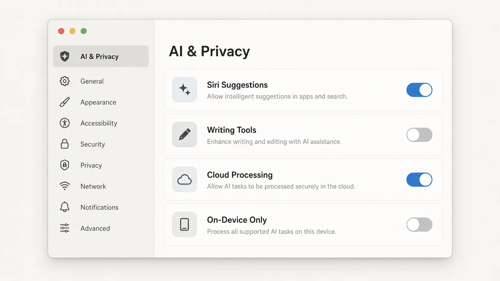Apple Intelligence privacy toggles and the removed master switch