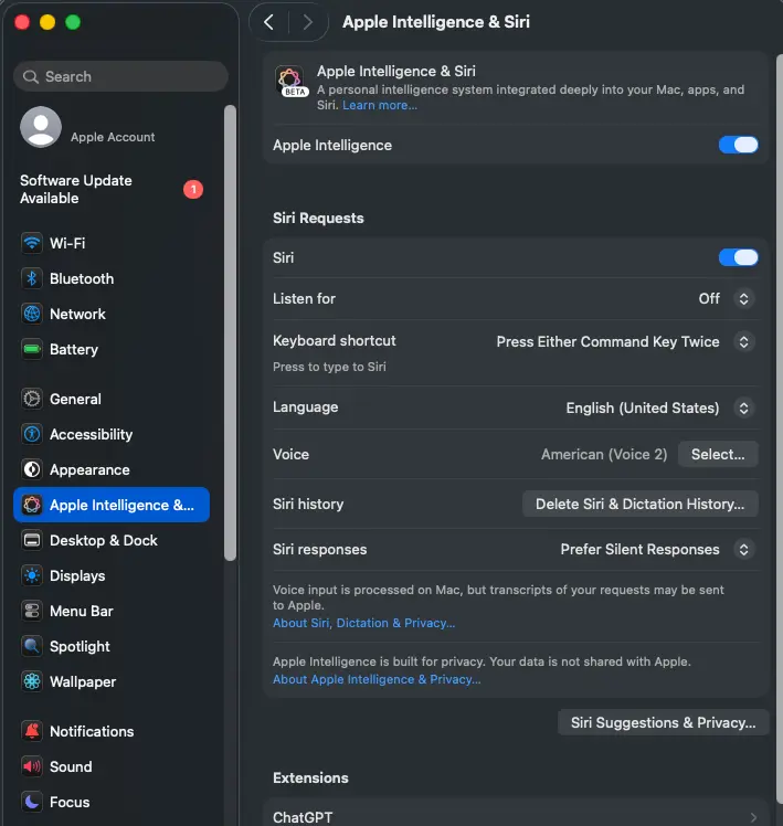 System Settings Apple Intelligence and Siri pane with Apple Intelligence turned on.