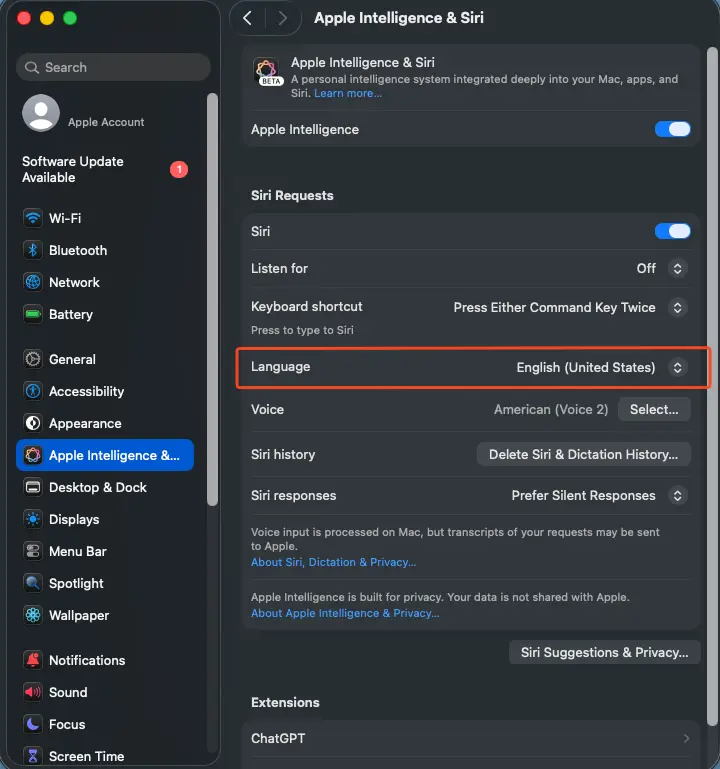 Apple Intelligence and Siri pane with the Language row highlighted.