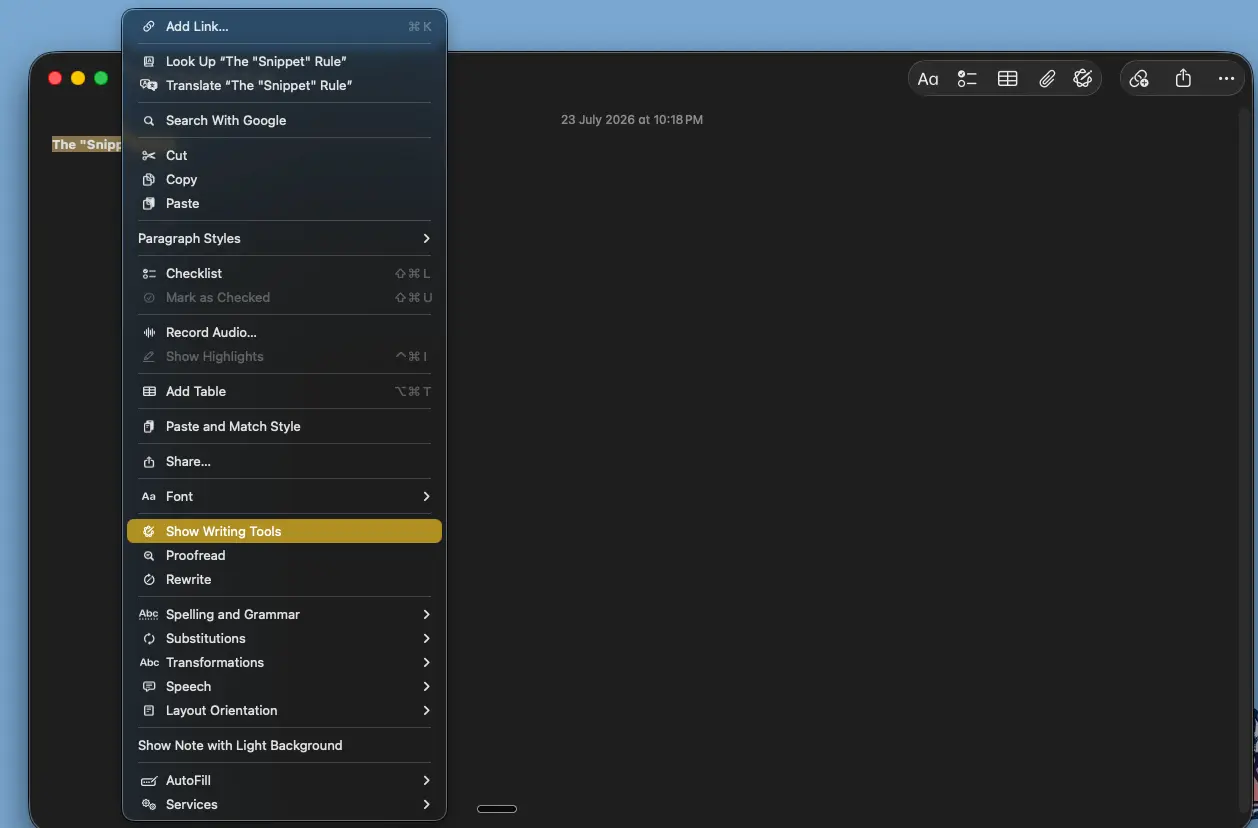 Control-click menu in Notes showing Show Writing Tools, Proofread, and Rewrite.