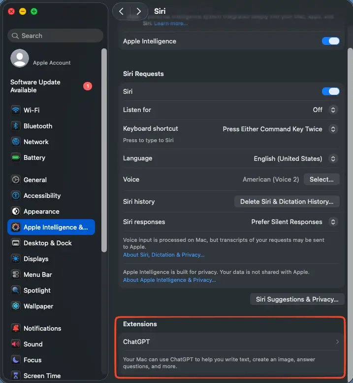 ChatGPT extension pane with the Use ChatGPT toggle on and the sign-in privacy note.