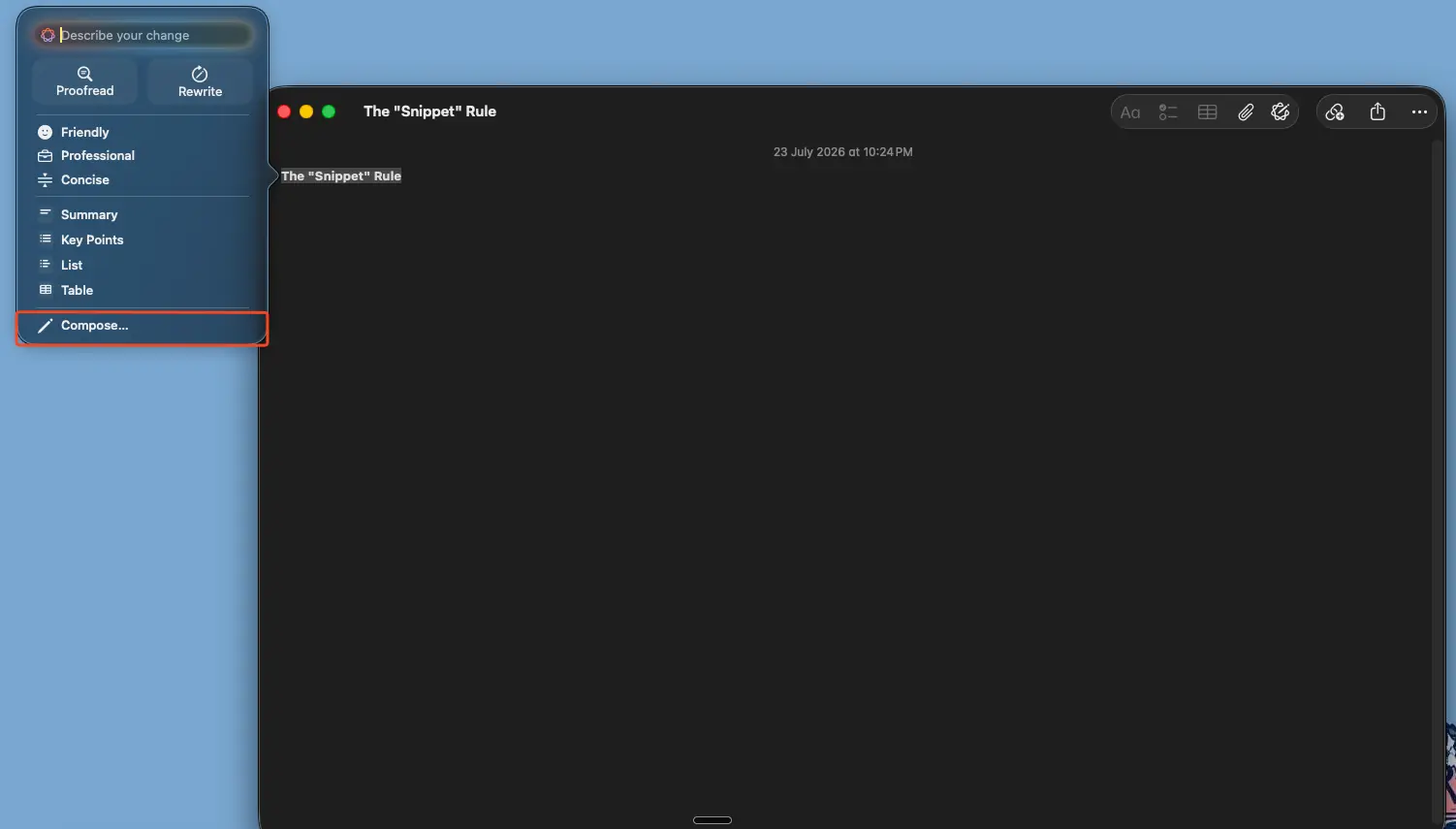 Writing Tools popover with Compose highlighted.