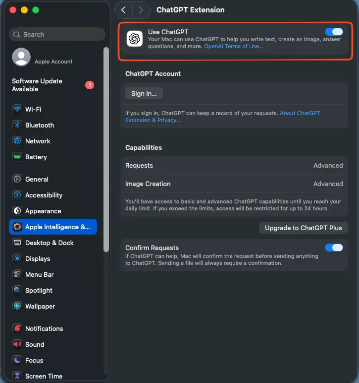 System Settings scrolled to the Extensions section showing the ChatGPT entry.