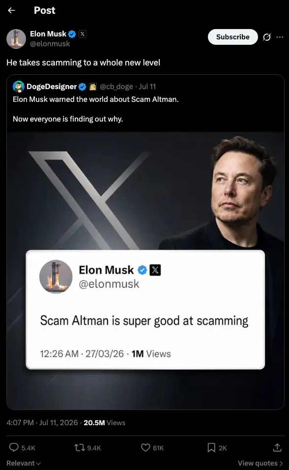 Elon Musk posts 'He takes scamming to a whole new level' after the Apple lawsuit