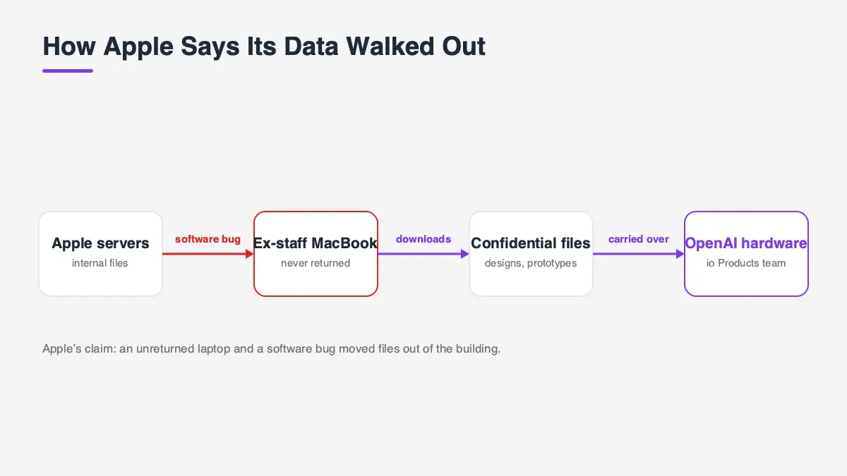 Diagram: how Apple alleges its confidential files moved from internal servers to OpenAI's hardware team