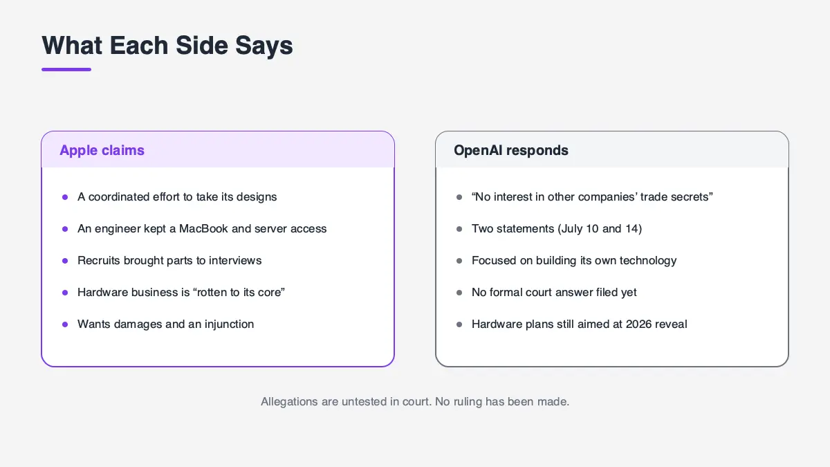 Side by side: what Apple claims in its complaint versus how OpenAI has responded