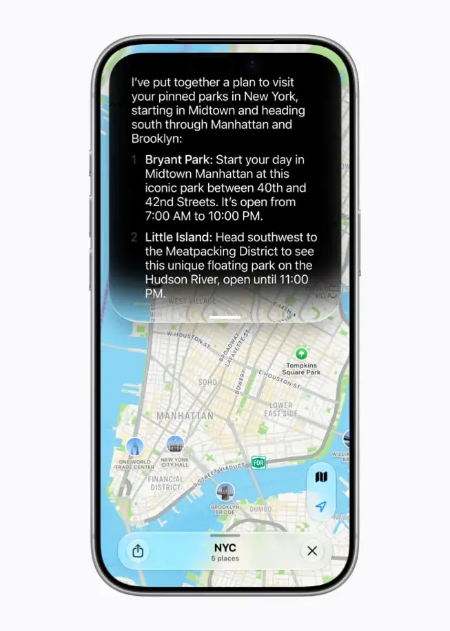 Siri AI drawing on personal context to plan an itinerary, a feature EU and China users will not get at launch