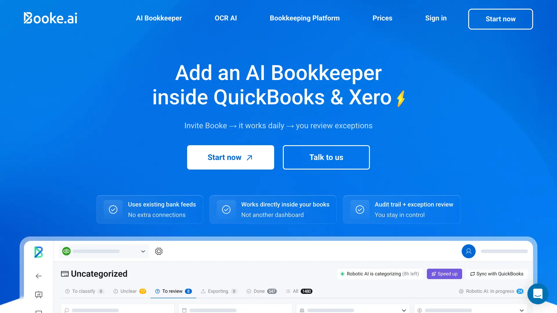Booke.ai homepage, robotic AI bookkeeper for QuickBooks and Xero