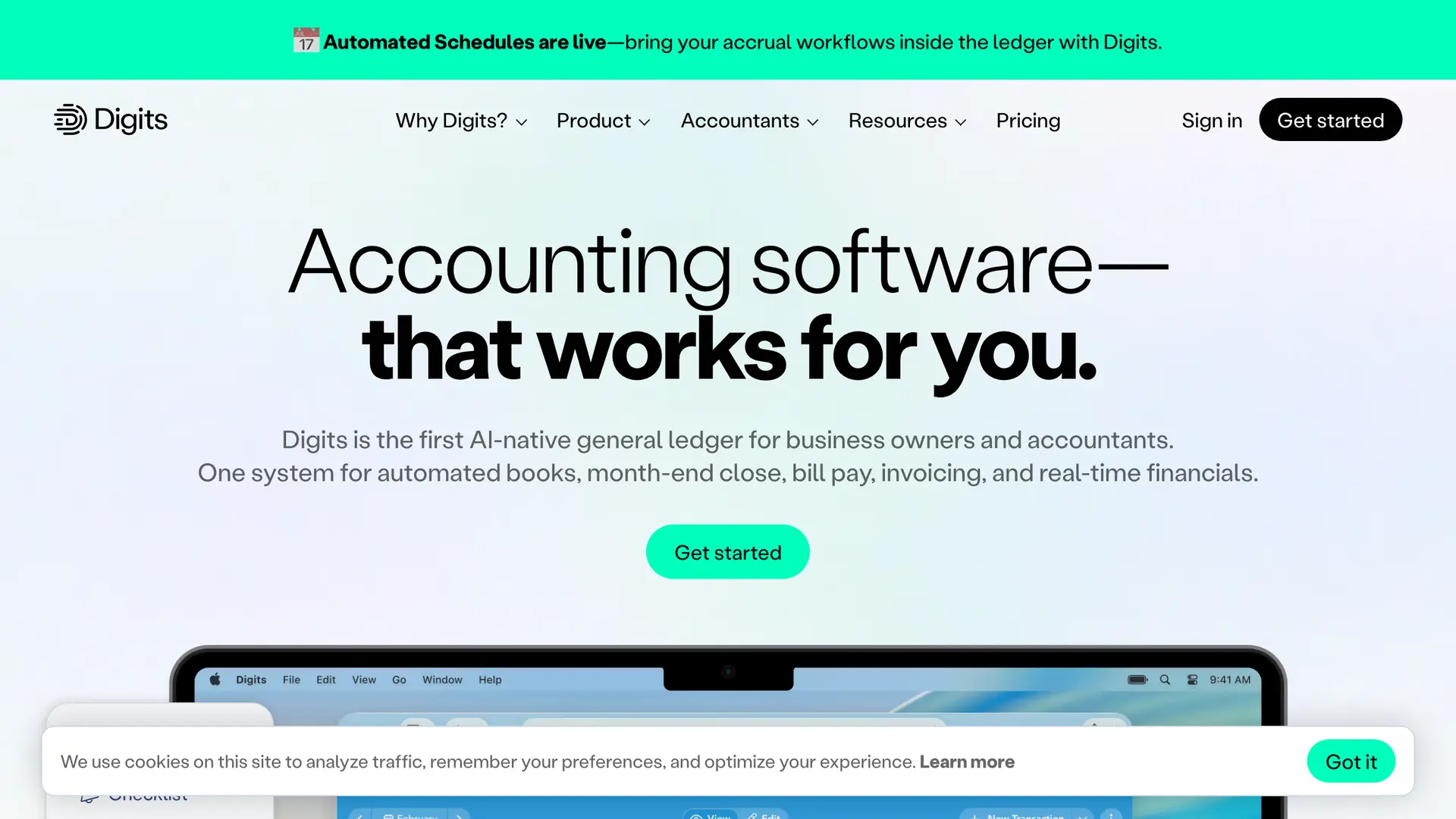 Digits homepage, AI-native general ledger for modern US firms