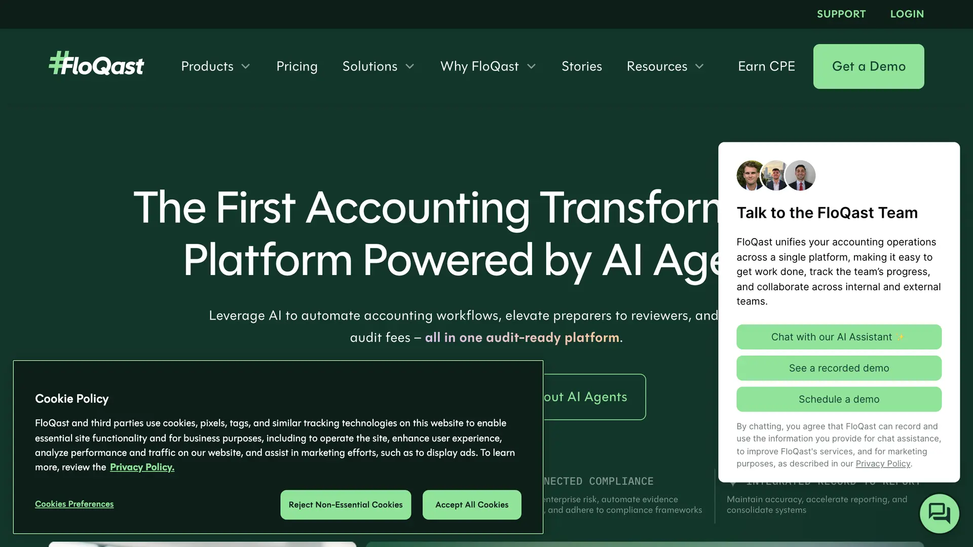 FloQast homepage, AI close-management and reconciliation platform