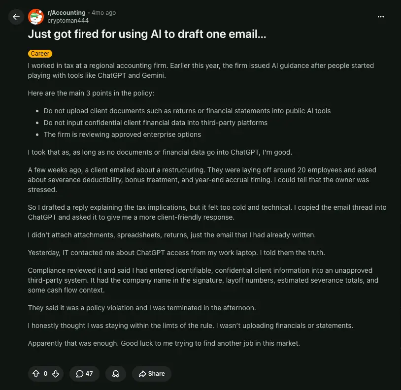 r/Accounting thread titled Just got fired for using AI to draft one email, showing the original poster's account of being terminated the same day for pasting a client email into ChatGPT, with 47 comments