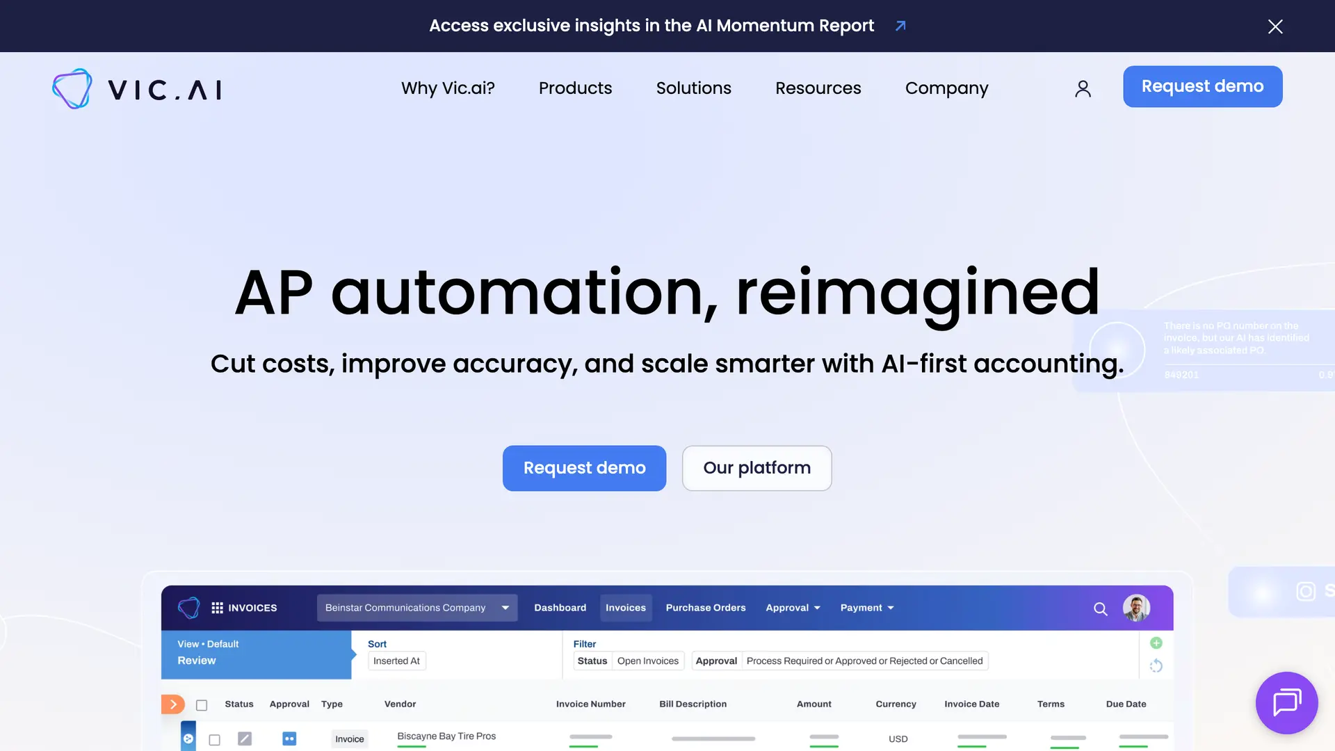 Vic.ai homepage, AI-first autonomous accounts payable platform