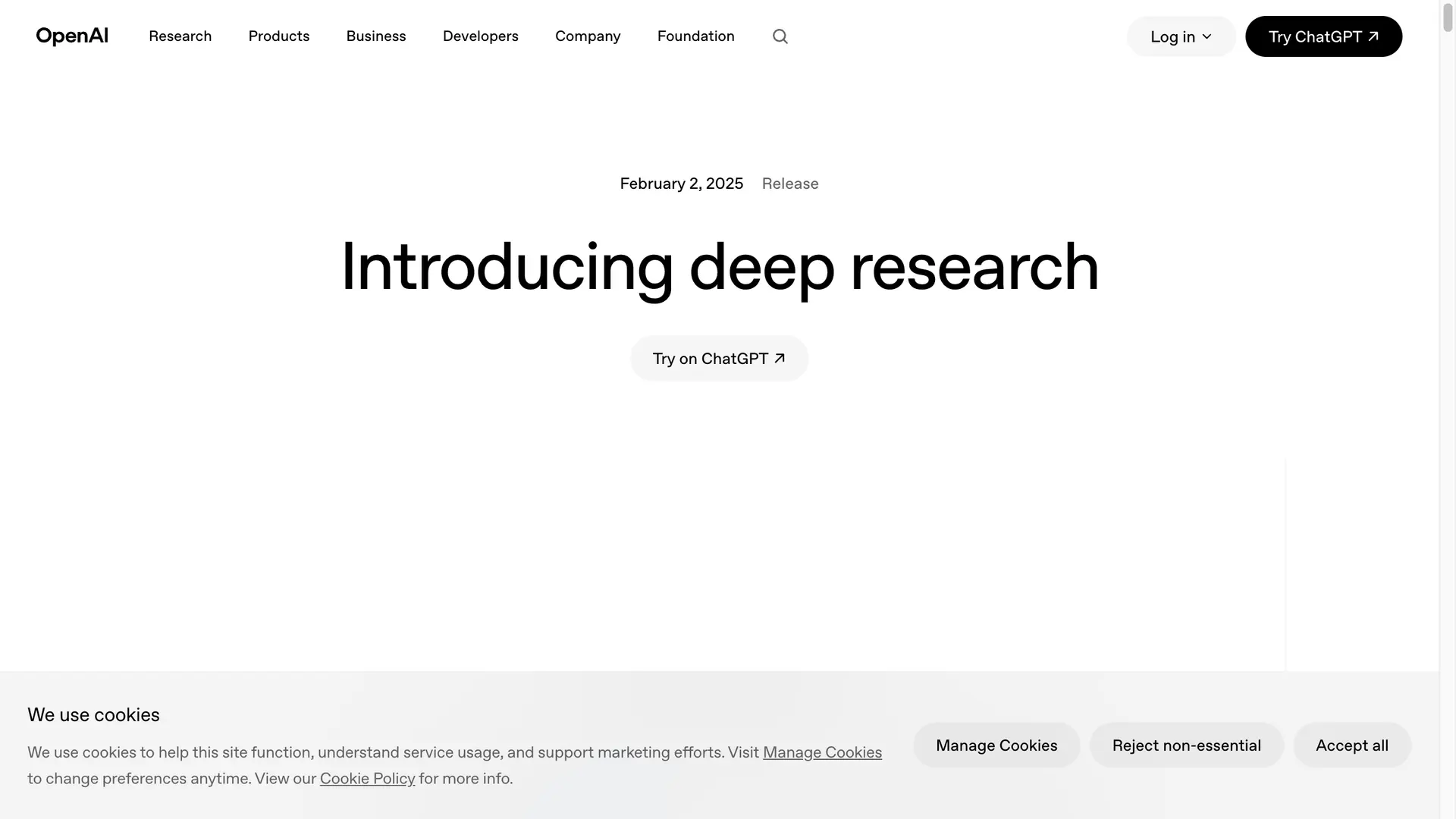 ChatGPT Deep Research feature page from OpenAI