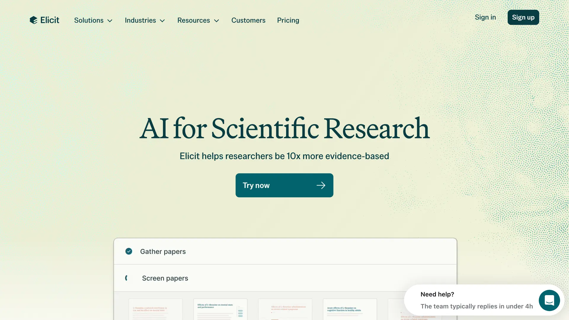 Elicit homepage, the AI research assistant for academic papers