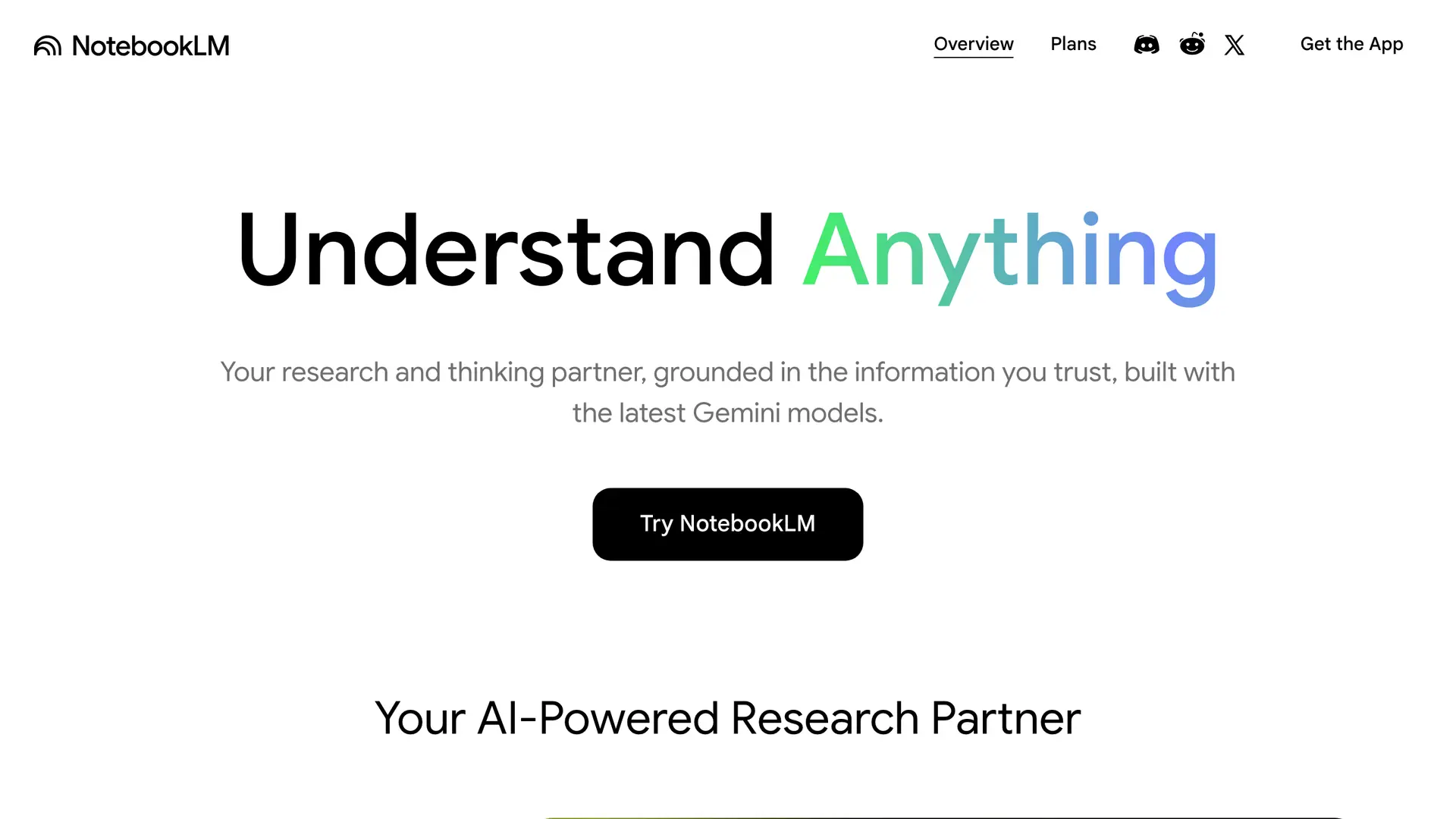 Google NotebookLM homepage