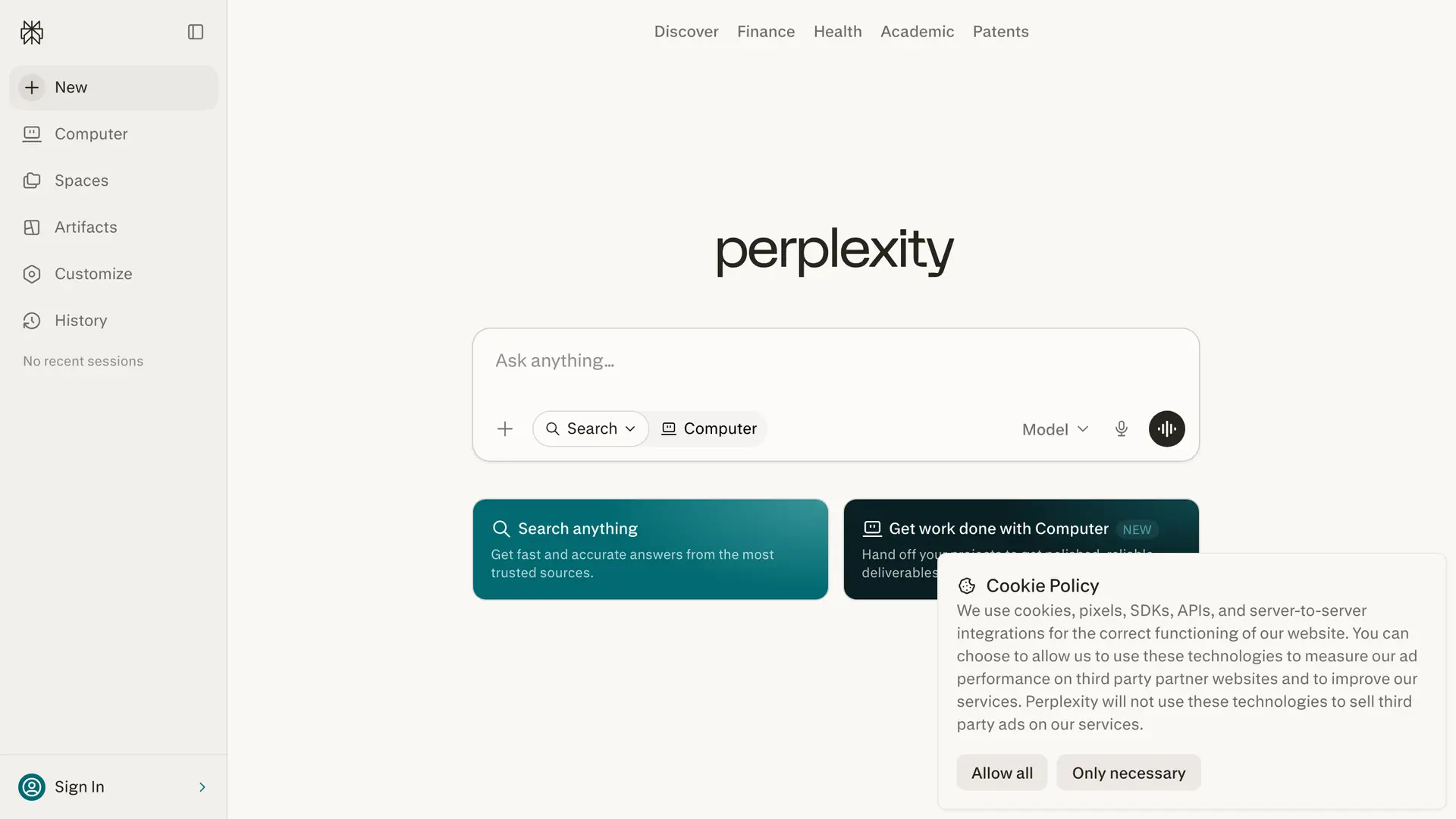 Perplexity AI homepage
