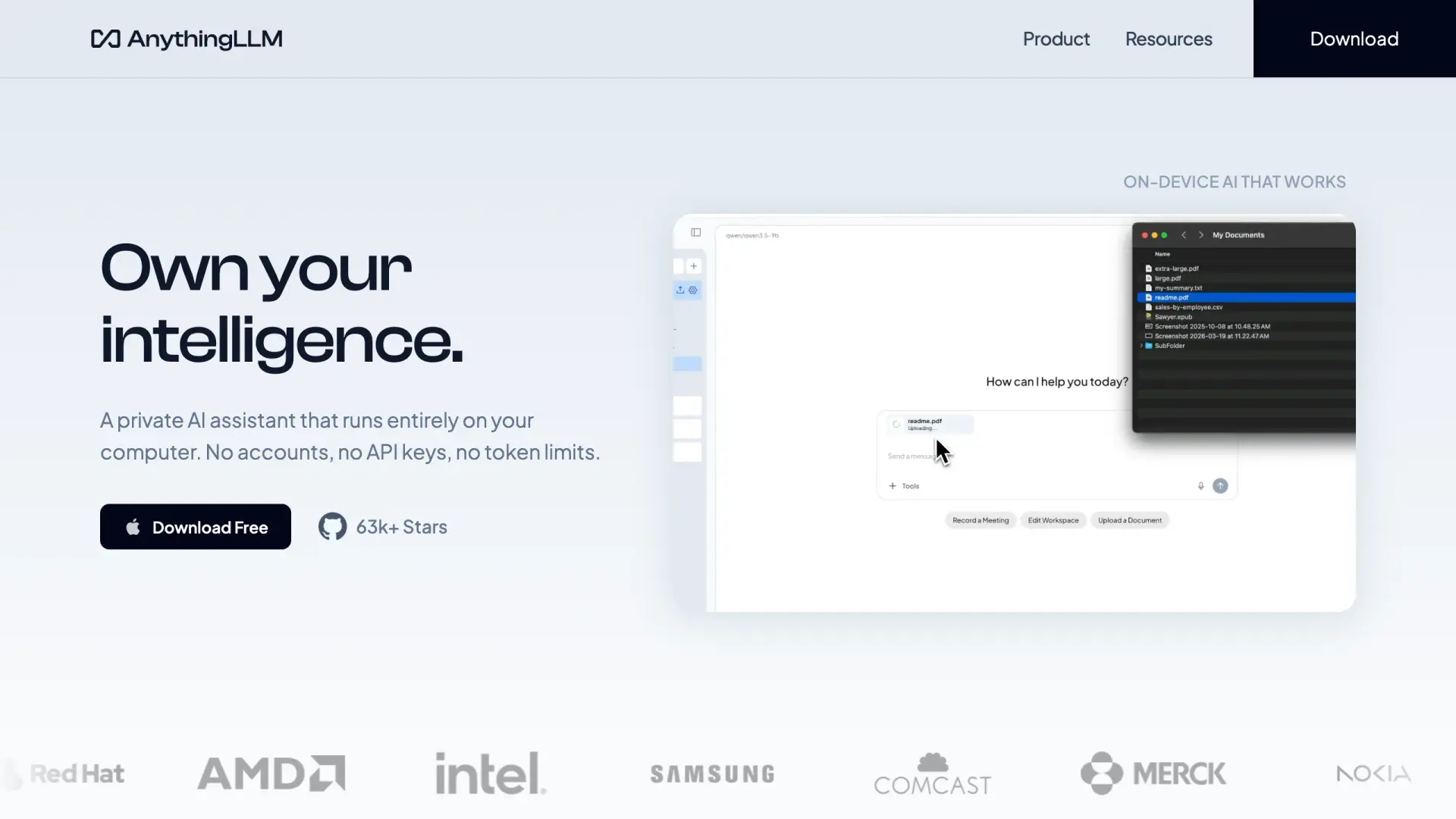 AnythingLLM homepage, self-hosted private document workspace