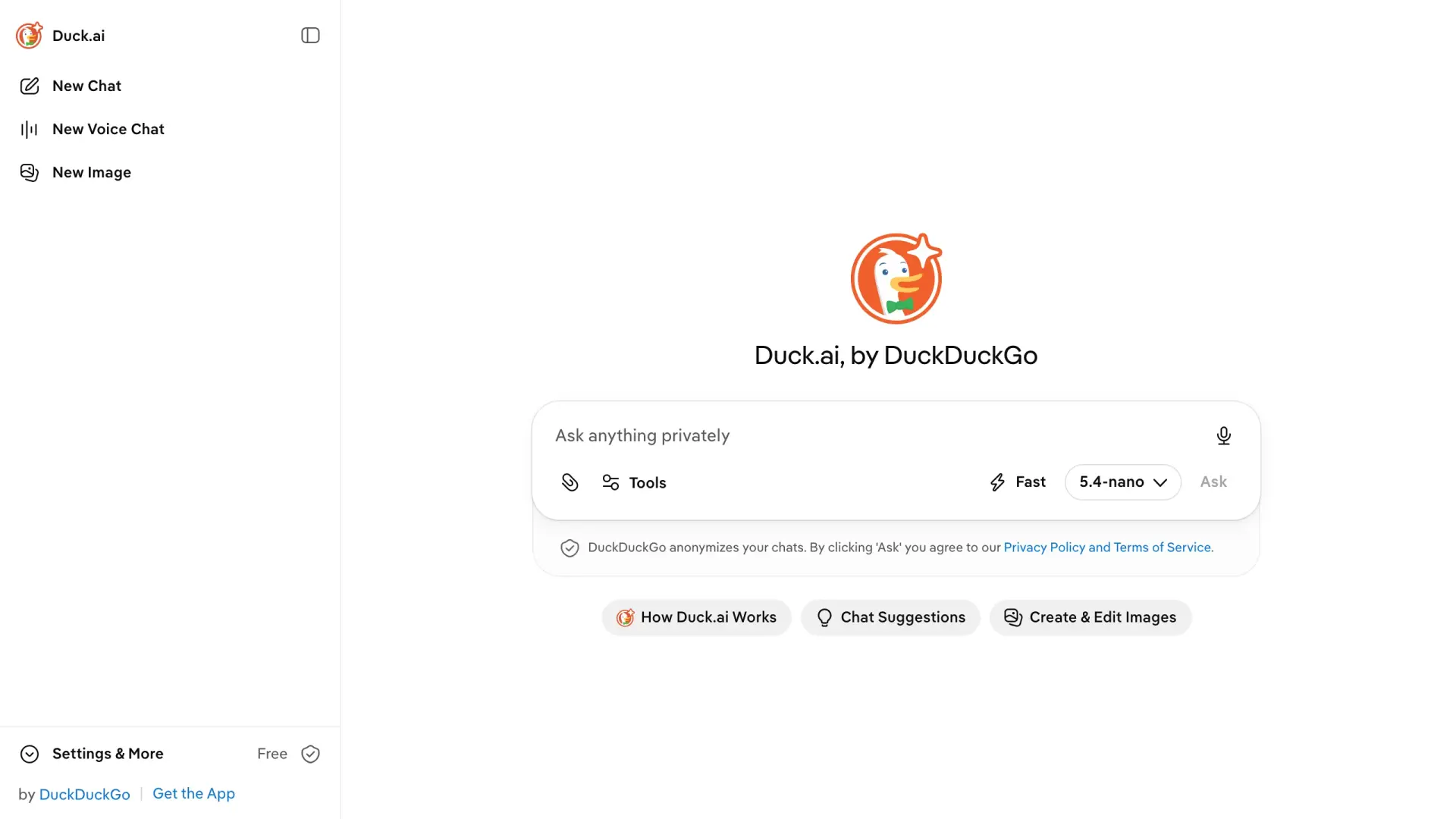 Duck.ai homepage, anonymized proxy to cloud AI models