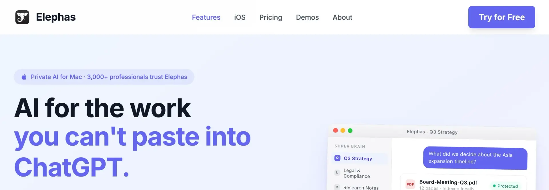 Elephas homepage for Mac with the headline AI for the work you cannot paste into ChatGPT, next to a Super Brain chat that answers from a locally indexed file