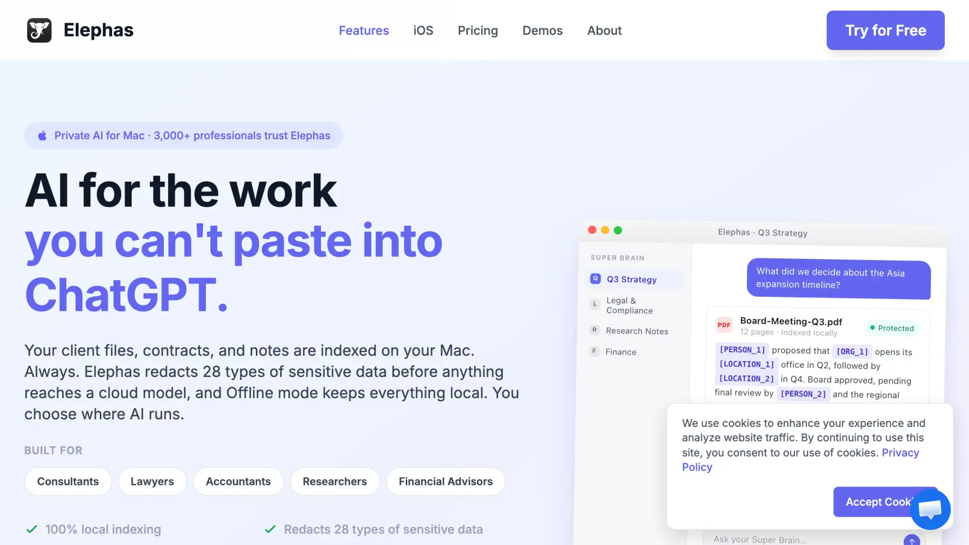 Elephas homepage, private AI knowledge assistant for Mac