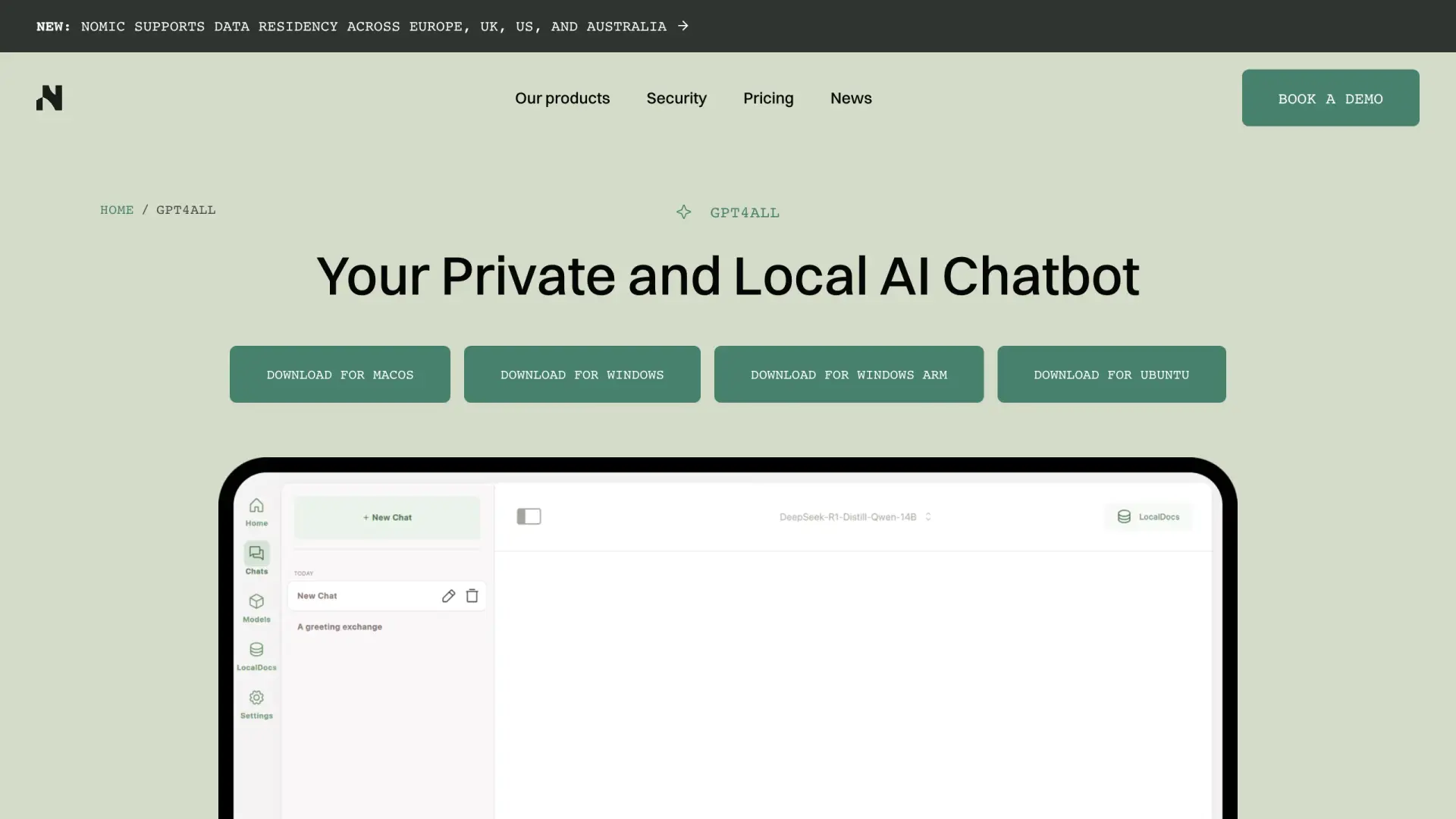 GPT4All homepage, free fully local desktop AI