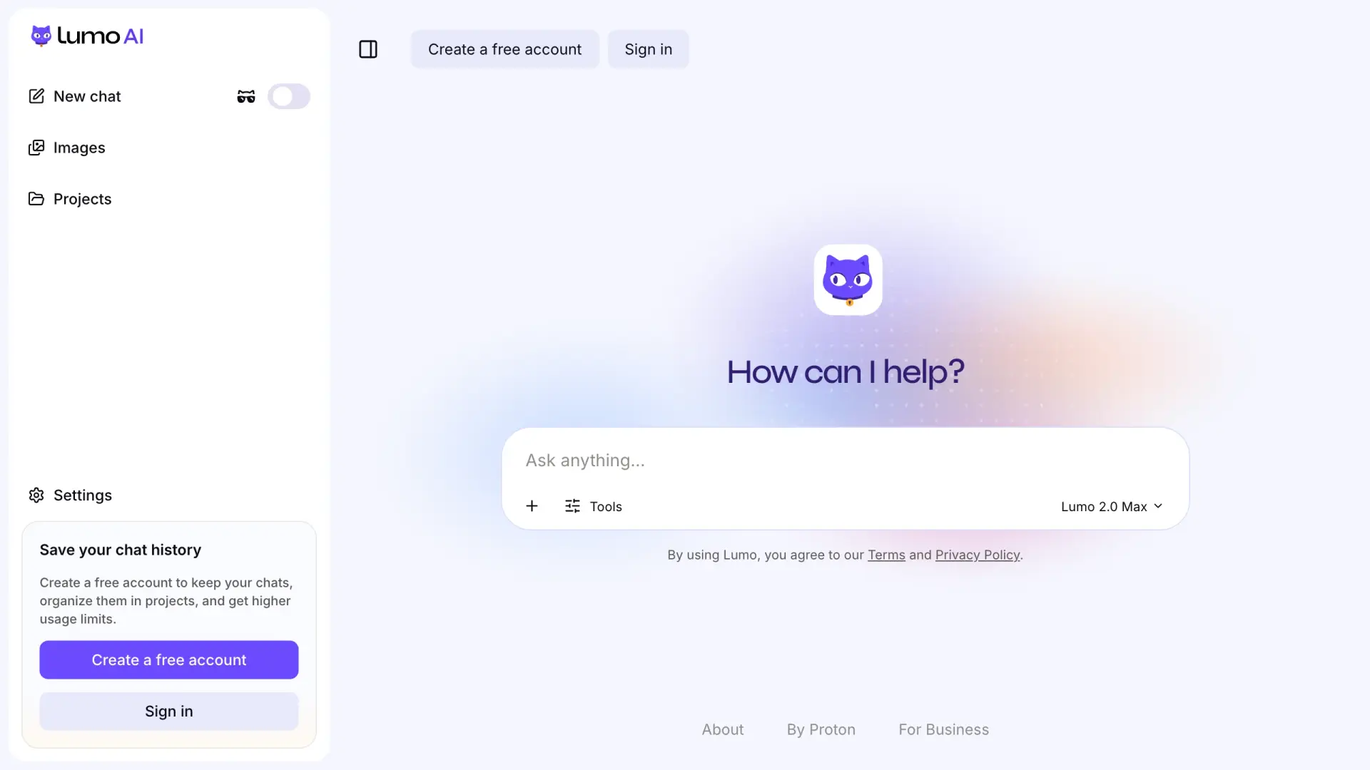 Lumo by Proton homepage, zero-access encrypted hosted assistant