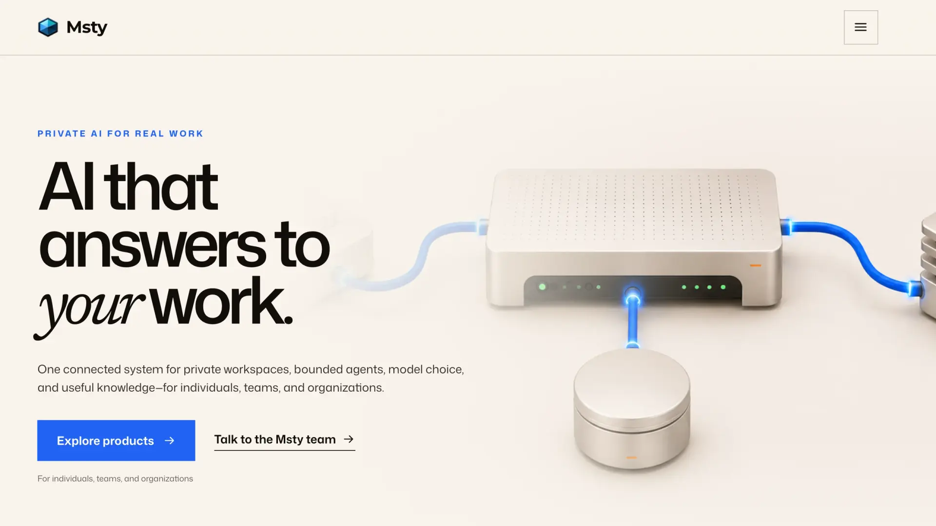 Msty homepage, local plus bring-your-own-cloud desktop AI