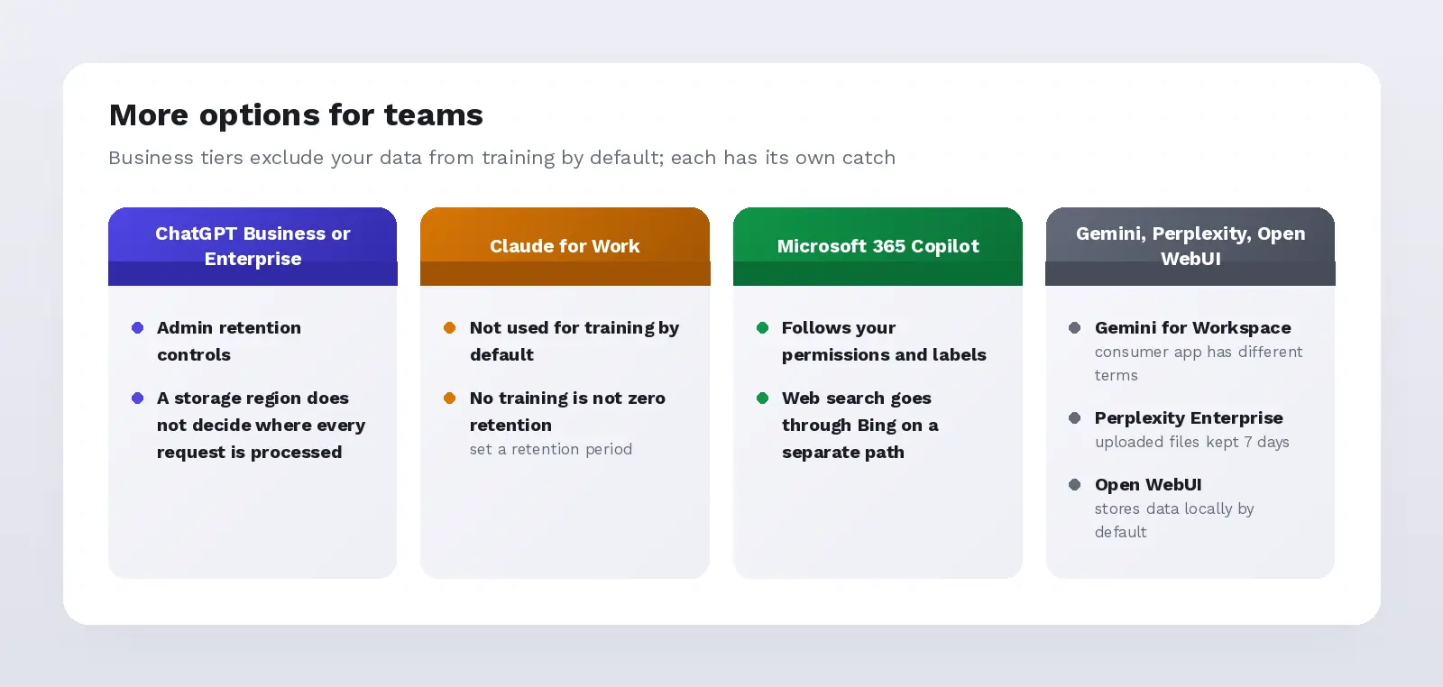 More options for teams: ChatGPT Business, Claude for Work, Microsoft 365 Copilot, Gemini for Workspace, Perplexity Enterprise and Open WebUI, each with its data catch
