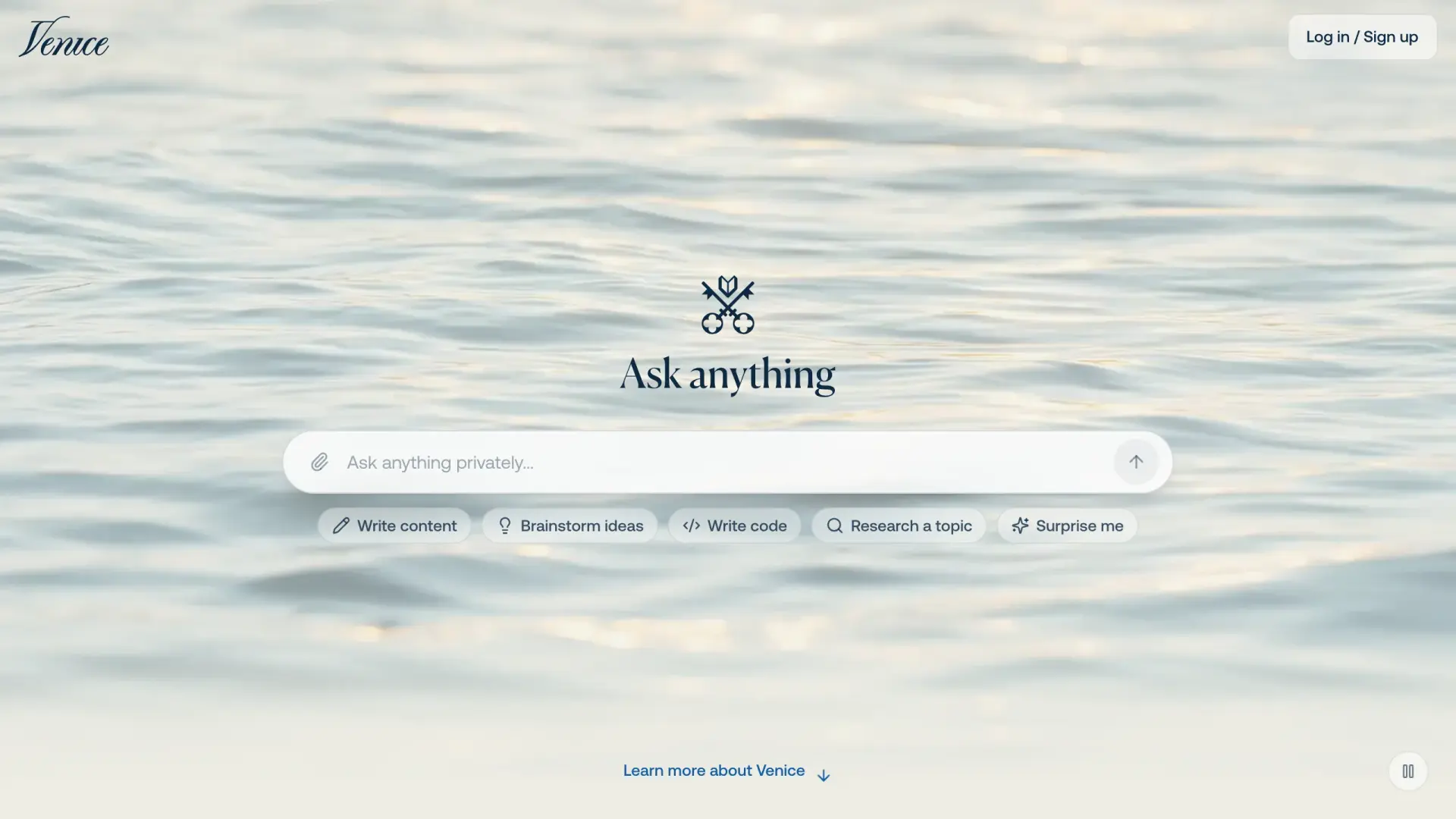 Venice AI homepage, private, no-logs hosted AI