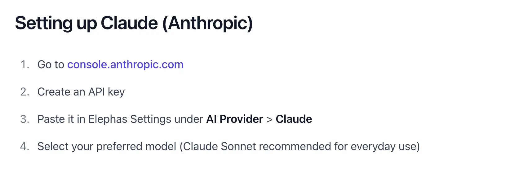 Elephas support doc: set up Claude by creating an API key and pasting it under AI Provider > Claude