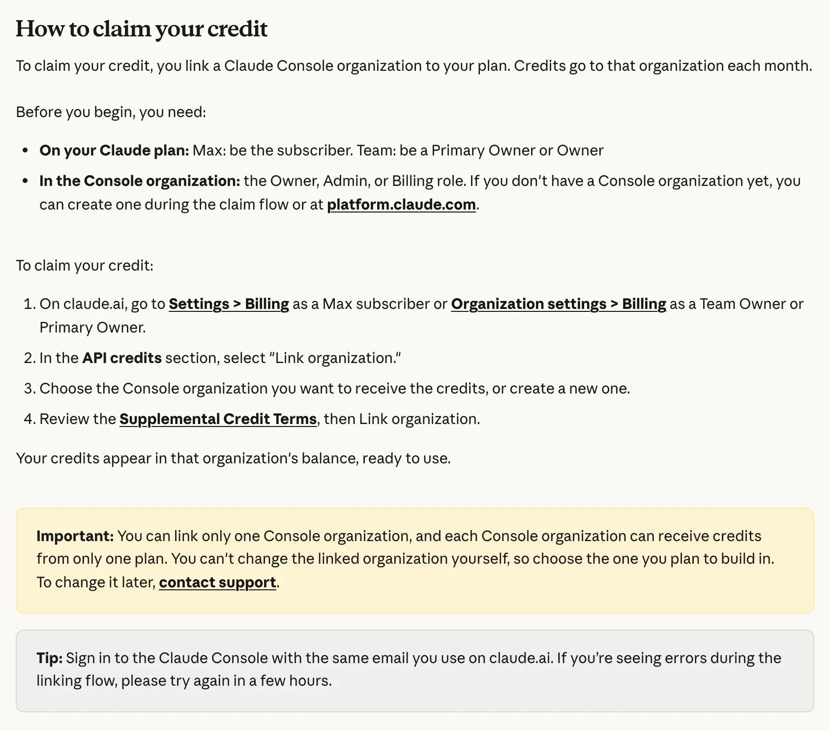 Claude Help Center steps to claim Claude API credits by linking a Console organization