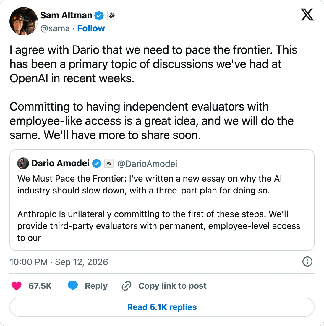 Sam Altman's post on X agreeing that labs need to pace the frontier, 12 September 2026