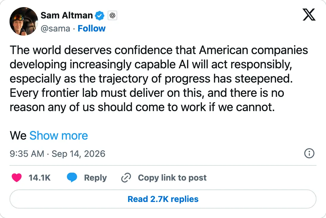 Sam Altman's post on X saying pacing does not mean stopping, 14 September 2026