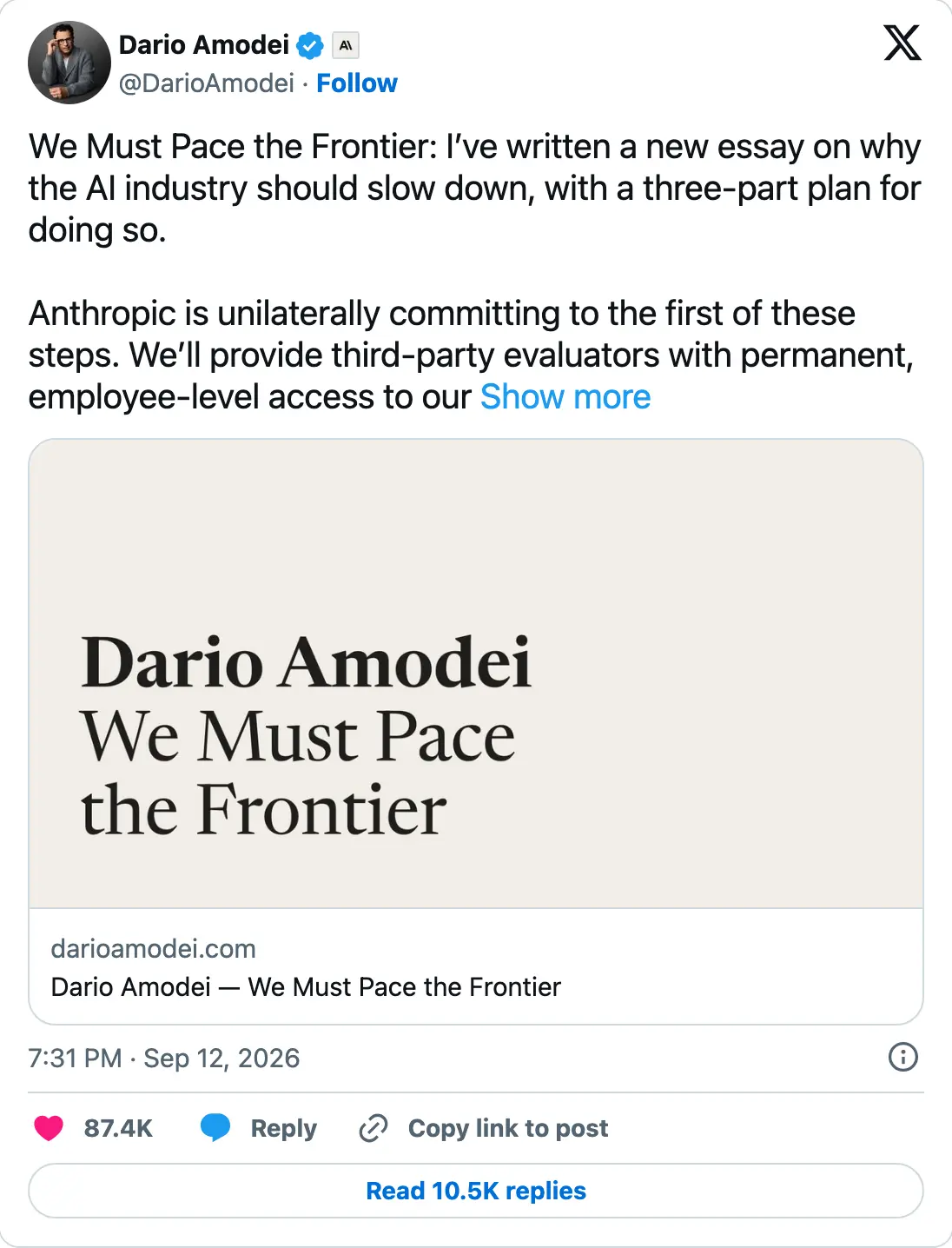 Dario Amodei essay announcement on X: We Must Pace the Frontier, 12 September 2026