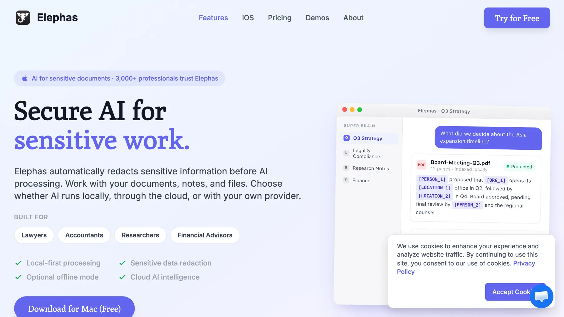 Elephas homepage — private AI knowledge assistant for Mac