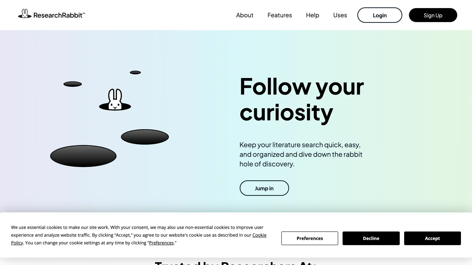 ResearchRabbit homepage — visual literature mapping tool