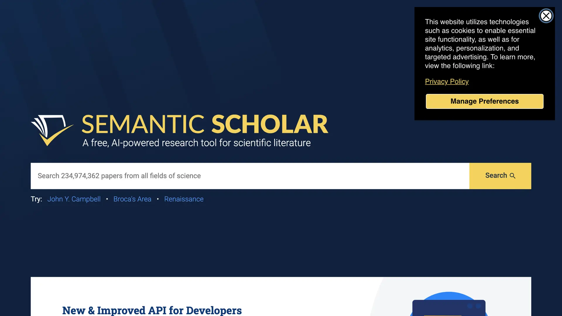 Semantic Scholar homepage — free academic search engine