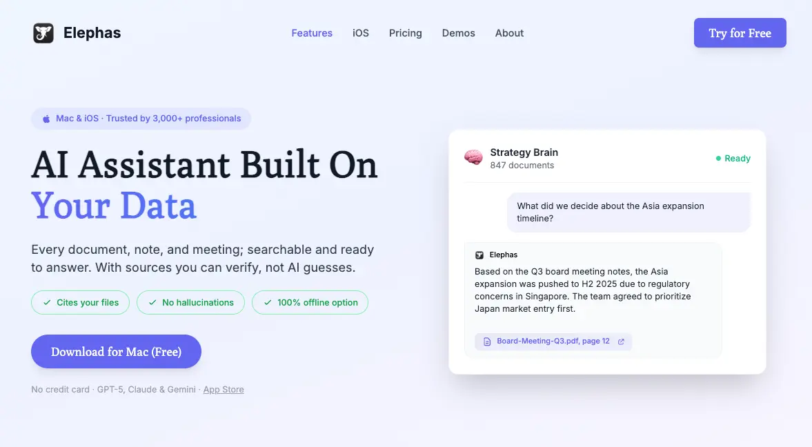 Elephas setup interface showing how to connect Apple Notes and create a Super Brain