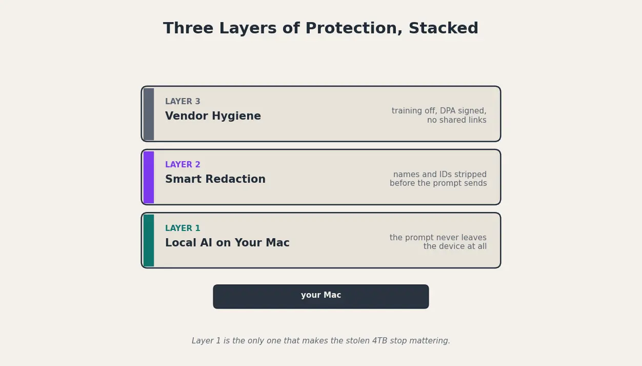 Three stacked protection layers: local AI, smart redaction, and vendor hygiene, stacked on top of a Mac