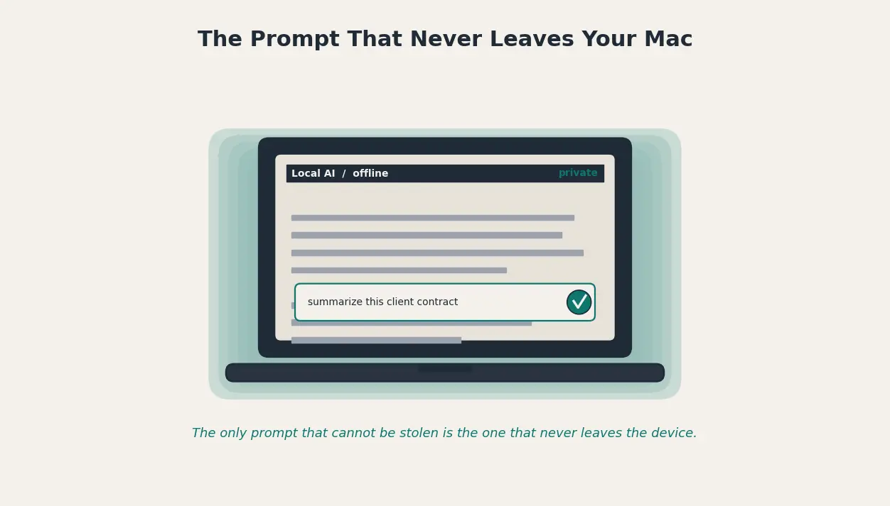Mac desktop with a local AI assistant processing a confidential document, green check, offline private prompt