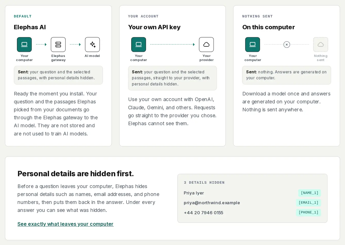 Elephas offers three ways to get an answer and shows which personal details it hid. Image: elephas.app.