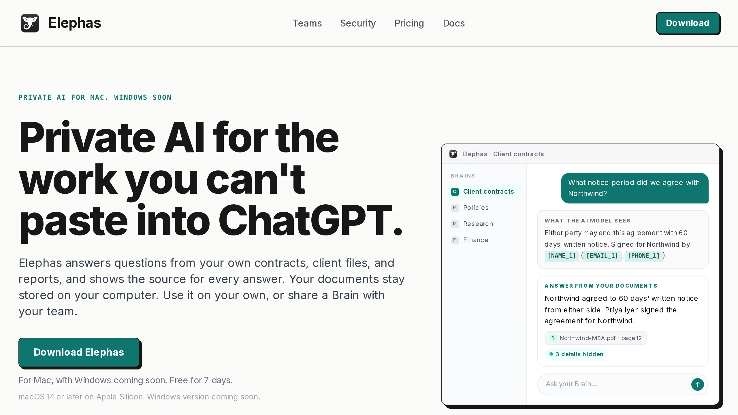 The Elephas home page. In the example window, a name, an email and a phone number are hidden before the AI model sees the question.